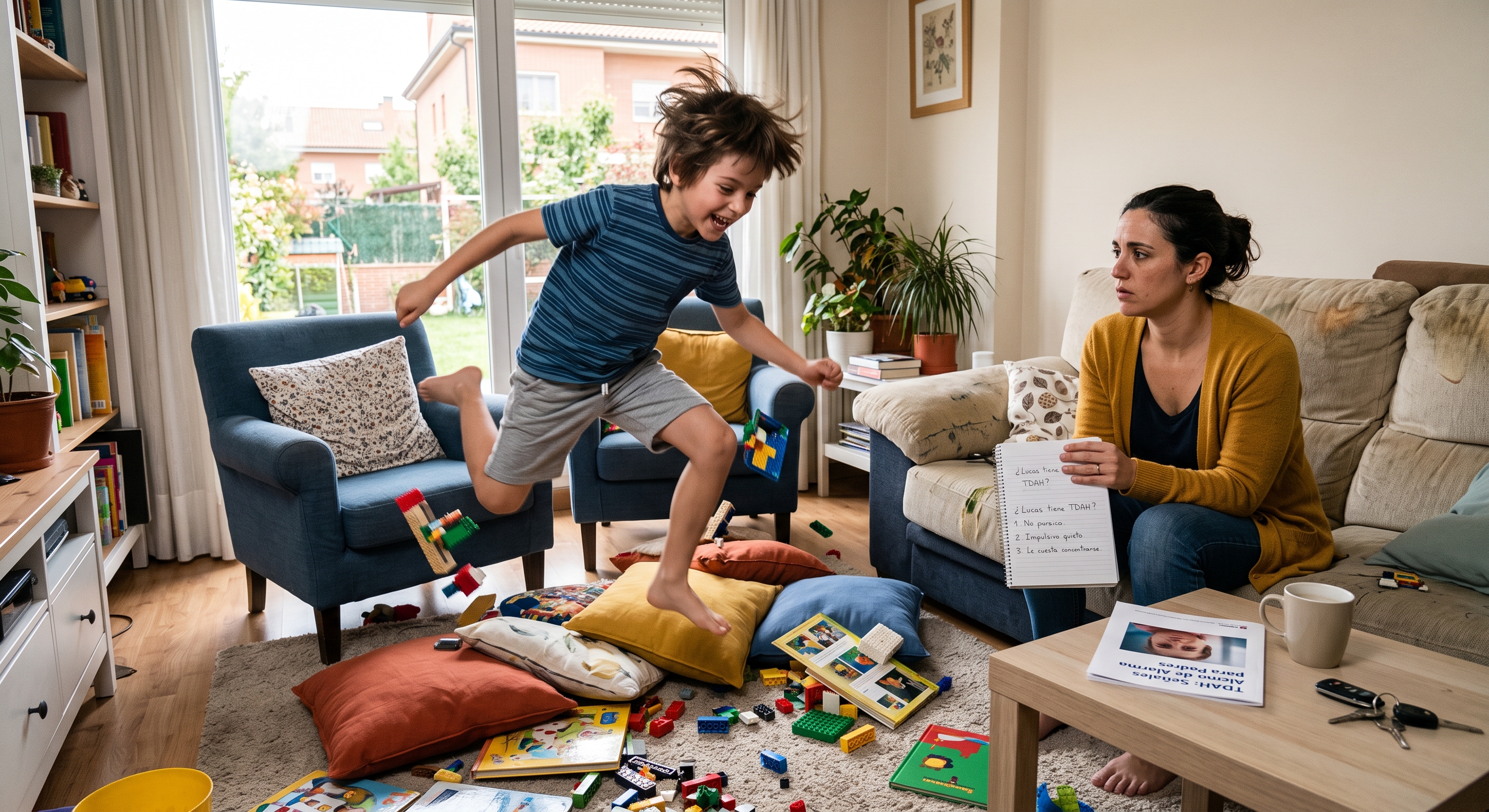 Niño con TDAH saltando en el salón mientras su madre le observa