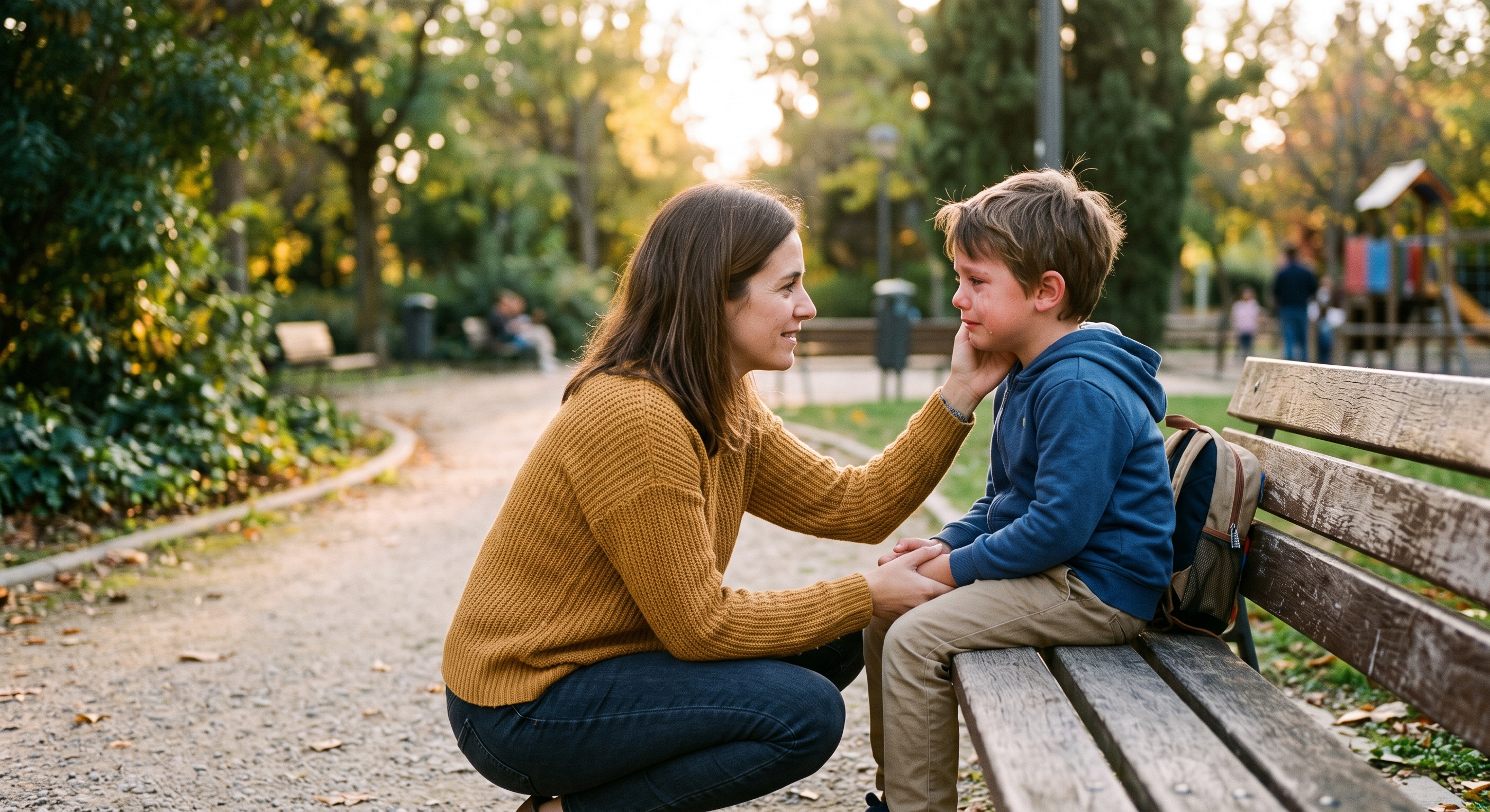 Madre validando las emociones de su hijo en el parque